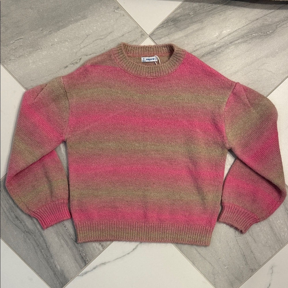 Mayoral Pink and Tan Striped Ombré Crew Neck Sweater